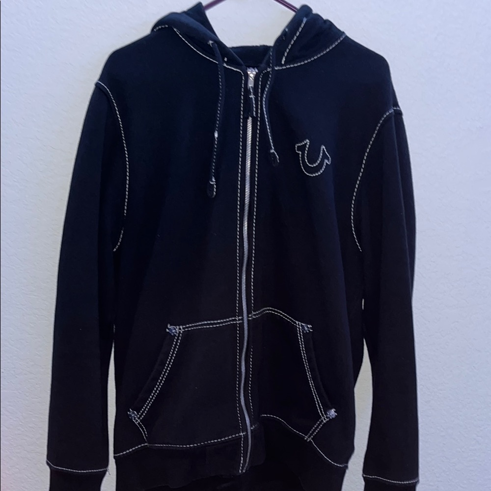 True Religion Black Hoodie with White stitching. Size Men’s Large